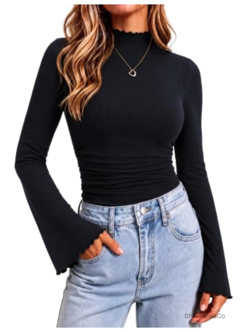 Mock Neck Bell Sleeve Ribbed Knit Ruched Waist Slim Fit Work Top